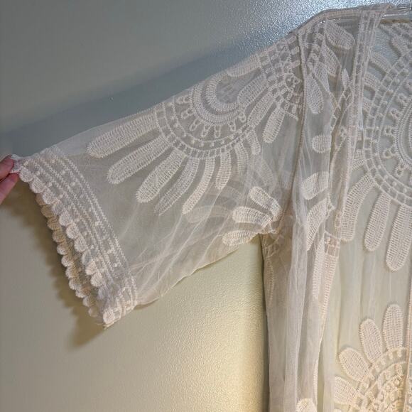 Rebellion Cream Boho White Sheer Lace Midi Kimono Cardigan Beach Coverup Medium - Picture 5 of 9